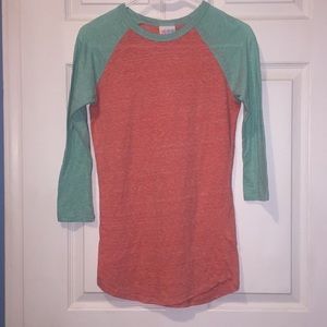 Coral and mint baseball tee